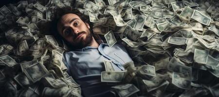 ai généré homme en train de dormir dans une pile de argent génératif ai photo