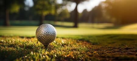 ai généré le golf Balle proche en haut sur le herbe génératif ai photo