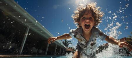 ai généré joyeux peu enfant éclabousser dans le bassin génératif ai photo