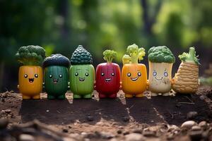 ai généré content en bonne santé des légumes fruits dans une rangée.cartoon légume génératif ai photo