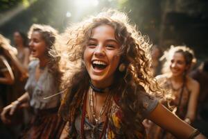 ai généré hippie fille à une fête dans le forêt génératif ai photo