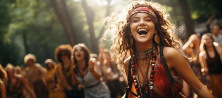 ai généré hippie fille à une fête dans le forêt génératif ai photo