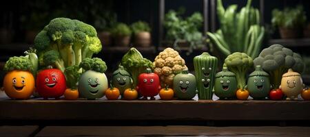 ai généré content en bonne santé des légumes fruits dans une rangée.cartoon légume génératif ai photo