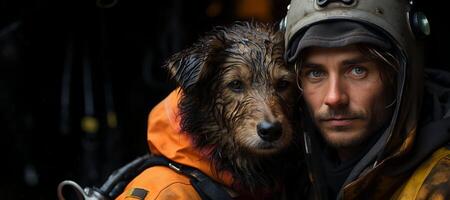 ai généré sauveteur sauve chien de Feu génératif ai photo