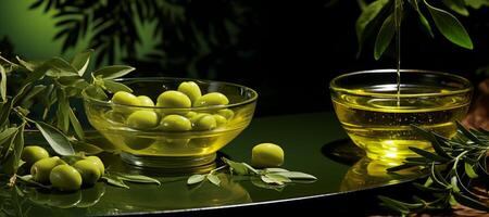 ai généré vert Olives sur une flou Contexte génératif ai photo