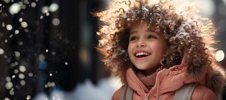 ai généré hiver portrait de une enfant fille sur une flou Contexte génératif ai photo