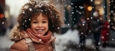 ai généré hiver portrait de une enfant fille sur une flou Contexte génératif ai photo