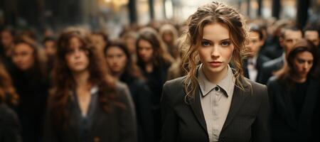 ai généré portrait de une affaires femme dans une foule sur le rue génératif ai photo