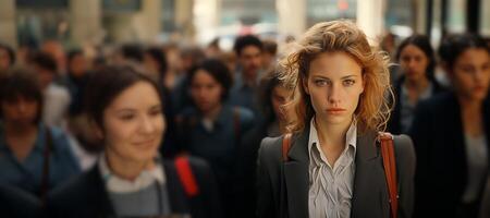 ai généré portrait de une affaires femme dans une foule sur le rue génératif ai photo