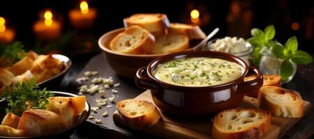 ai généré délicieux fromage fondue sur une argile assiette génératif ai photo