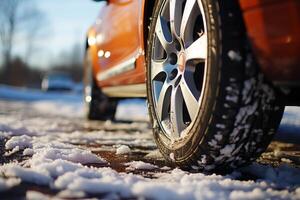 ai généré voiture roue sur une neigeux route fermer génératif ai photo