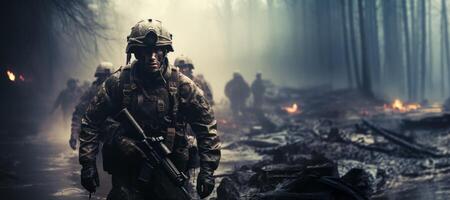 ai généré soldat avec une machine pistolet sur le champ de bataille génératif ai photo