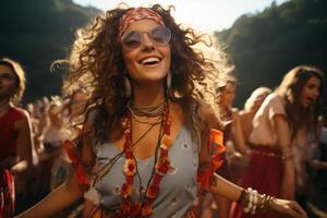 ai généré hippie fille à une fête en plein air génératif ai photo