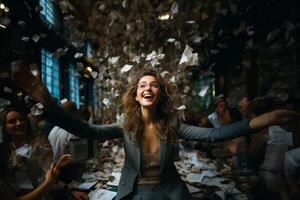 ai généré fille dans le Bureau à le fin de le travail journée génératif ai photo