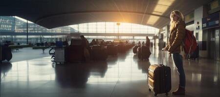 ai généré fille avec une valise attendre à le aéroport génératif ai photo