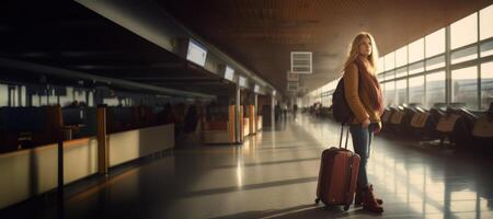 ai généré fille avec une valise attendre à le aéroport génératif ai photo