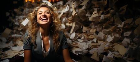 ai généré fille dans le Bureau à le fin de le travail journée génératif ai photo