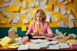 ai généré fatigué fille dans le Bureau génératif ai photo