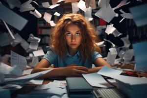 ai généré fatigué fille dans le Bureau bannière génératif ai photo