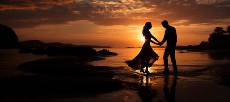 ai généré silhouette de une couple dans l'amour dansant sur le rive à le coucher du soleil génératif ai photo