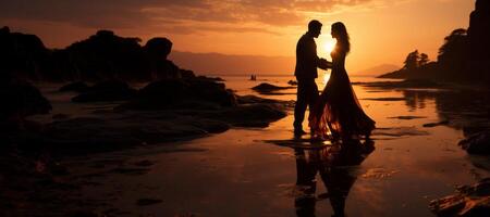 ai généré silhouette de une couple dans l'amour dansant sur le rive à le coucher du soleil génératif ai photo