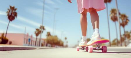 ai généré fille dans une rose robe sur une planche à roulette bannière génératif ai photo