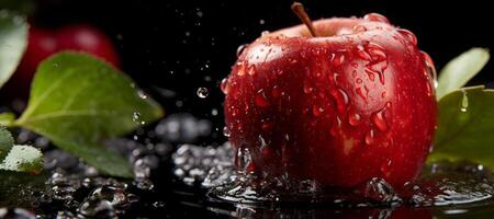 ai généré rouge pommes l'eau éclaboussure foncé Contexte bannière génératif ai photo