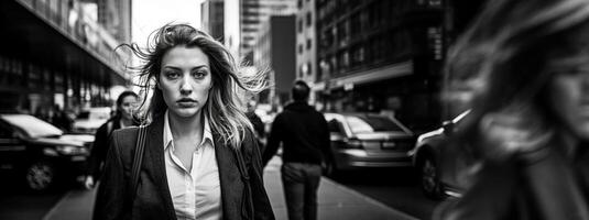 ai généré fille dans une floue ville foule génératif ai photo