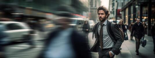 ai généré homme dans une floue ville foule génératif ai photo