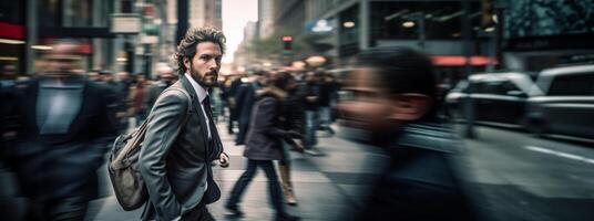 ai généré homme dans une floue ville foule génératif ai photo