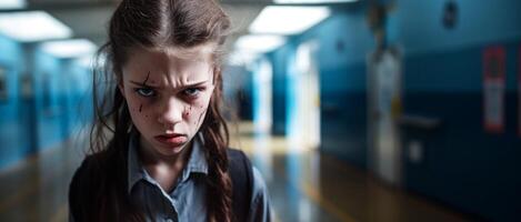ai généré en colère fille dans une école couloir portrait fermer génératif ai photo