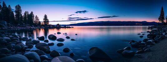 ai généré le coucher du soleil sur le Lac génératif ai photo