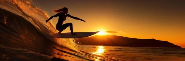 ai généré fille surfeur sur le vague à le coucher du soleil génératif ai photo