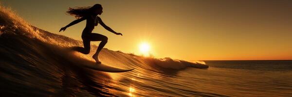 ai généré fille surfeur sur le vague à le coucher du soleil génératif ai photo