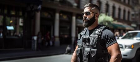 ai généré Masculin police officier sur une ville rue génératif ai photo