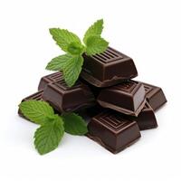 ai généré noir Chocolat avec menthe feuilles sur blanc Contexte génératif ai photo