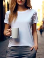 ai généré fille dans une blanc T-shirt avec une tasse de café sur le rue génératif ai photo