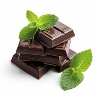 ai généré noir Chocolat avec menthe feuilles sur blanc Contexte génératif ai photo