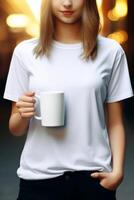 ai généré fille dans une blanc T-shirt avec une tasse de café sur le rue génératif ai photo