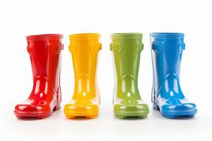 ai généré multicolore pluie bottes sur une blanc Contexte génératif ai photo