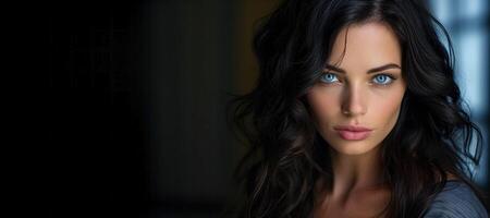 ai généré portrait de une femme avec noir cheveux et bleu yeux génératif ai photo