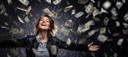 ai généré fille dans le pluie de argent génératif ai photo