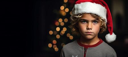 ai généré en colère enfant dans une Père Noël claus chapeau génératif ai photo