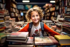 ai généré enfant dans le bibliothèque génératif ai photo