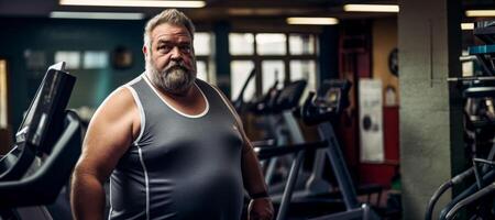 ai généré en surpoids homme premier temps à le Gym génératif ai photo