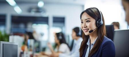 ai généré asiatique femme dans appel centre génératif ai photo