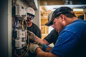 ai généré professionnel électriciens travail génératif ai photo