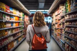 ai généré fille dans le boutique choisit des produits arrière vue génératif ai photo