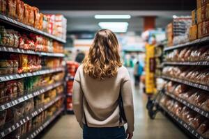 ai généré fille dans le boutique choisit des produits arrière vue génératif ai photo