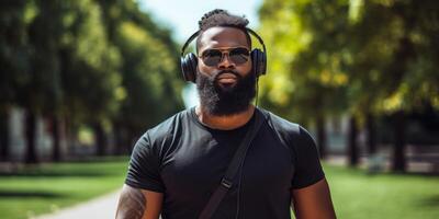 ai généré africain américain homme en marchant par le parc portant écouteurs génératif ai photo